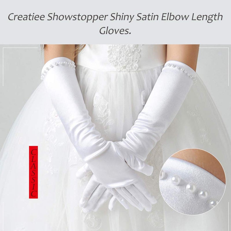 CREATIEE-PRO 2 Pair Little Girls Long Princess Costume Glove, Creatiee White Dress Up Beading Bows Glove for Kids Party, Wedding, Birthday, Holiday, Formal Pageant (White) - Image 3